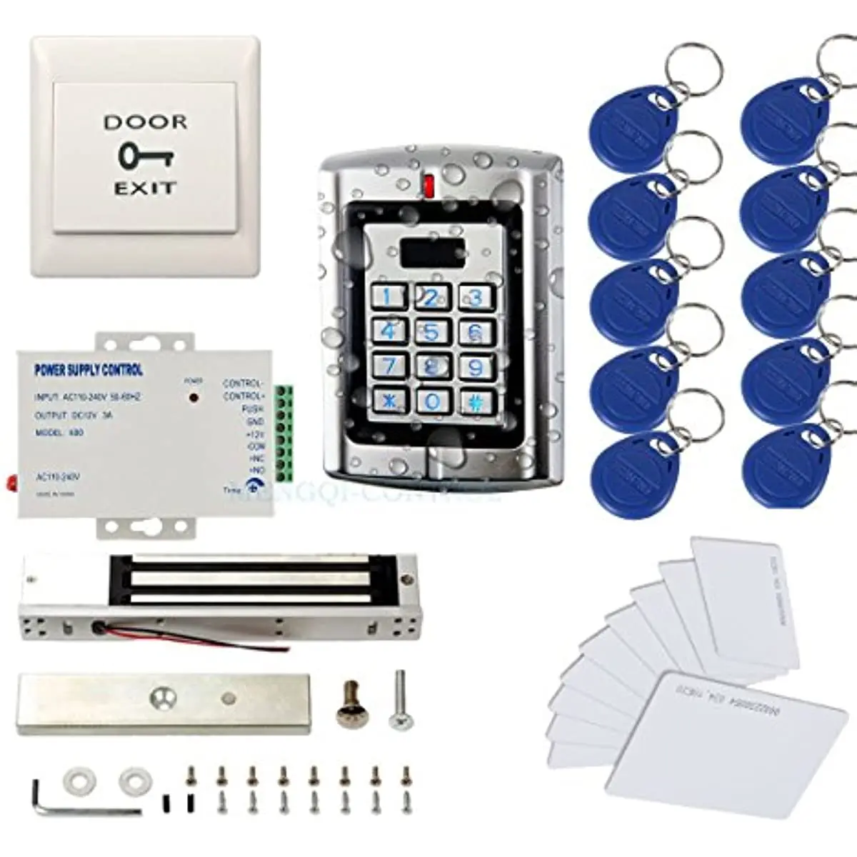 

Metal Weatherproof Access Control System 600LBS Force Electric Magnetic Lock +110VPower Supply+Exit Button+Cards+Key Fobs
