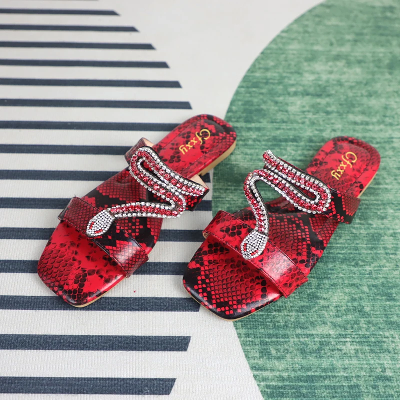 

Women Summer Sandals 2023 Open Toe Outside Slides Female Beach Trendy Snakeskin Print Women's Slippers Rhinestone Shoes