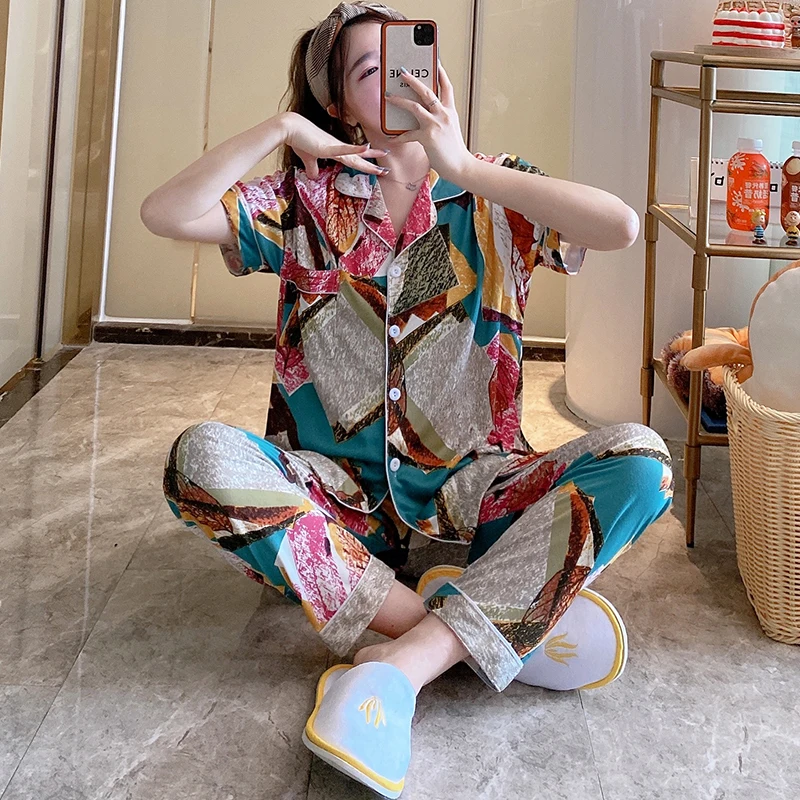 

women's pajamas summer Korea style milk silk short sleeve trousers 2 pieces set cartoon house wear sweet sleepwear for women