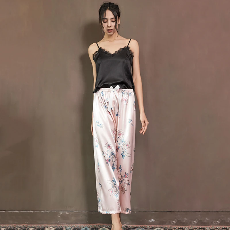 Ice Silk Pajamas Sets for Woman Home Clothe Nightwear Luxury Fashion Floral Print Sexy Sleepwear Leisure Satin Pyjama Sleep Suit