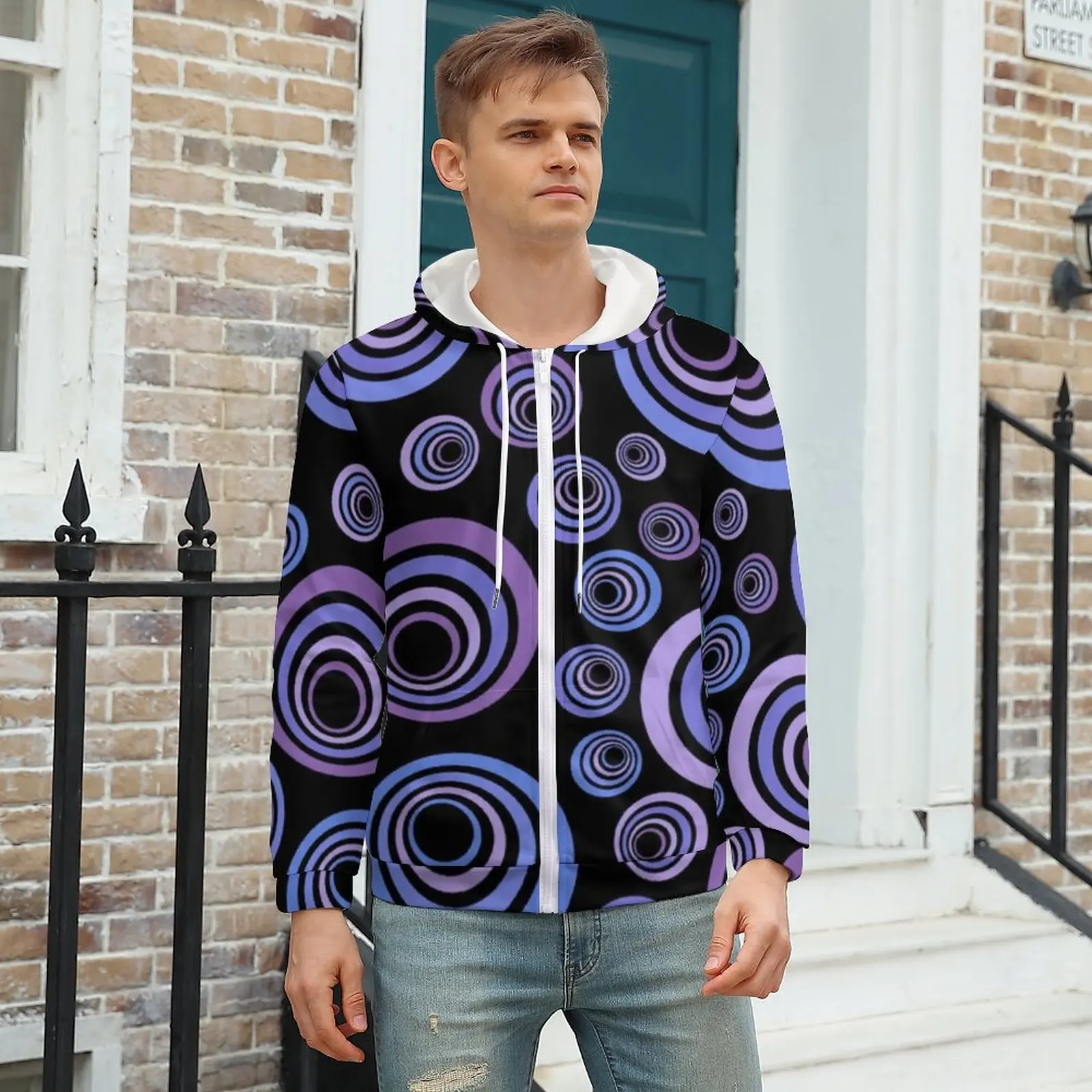 

Retro Circles Print Hoodie Ultraviolet Pattern Mens Autumn Hoodies Fashion Zip Up Hoodie Plus Size XXXL