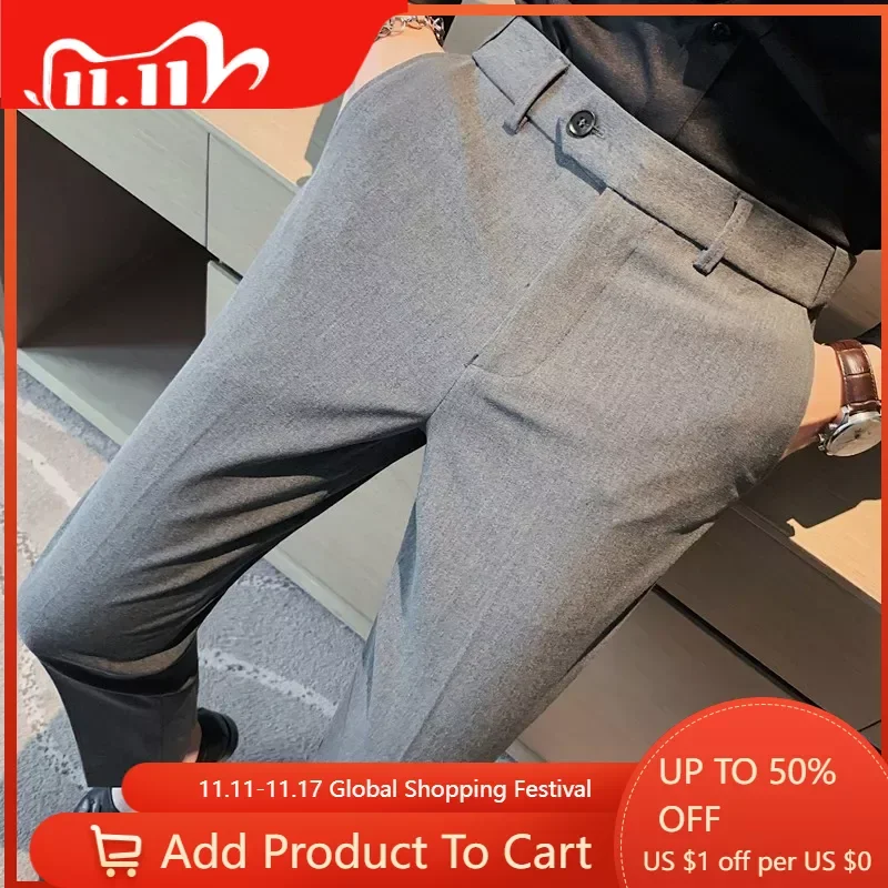 

Мужские облегающие деловые повседневные Костюмные брюки в британском стиле, Мужская однотонная официальная одежда, Костюмные брюки, мужские свадебные классические брюки высокого качества