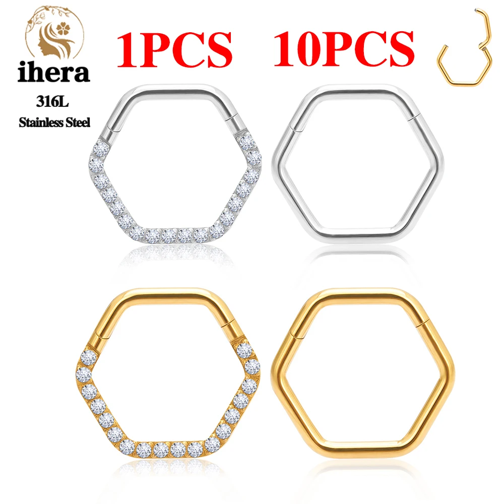 

1/10PC 316L Stainless Steel Hexagon Piercing Nose Ring 16G CZ Hinged Segment Septum Clicker Ear Tragus Cartilage Earring Jewelry