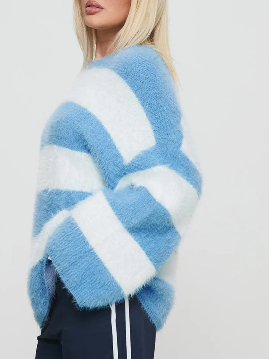 Новые модные женские свободные свитера из мохера с принтом в полоску круглым