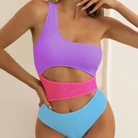 2022 new sexy women swimwear bikini set contrast colors whorl one shoulder hollow out women monokini for beach