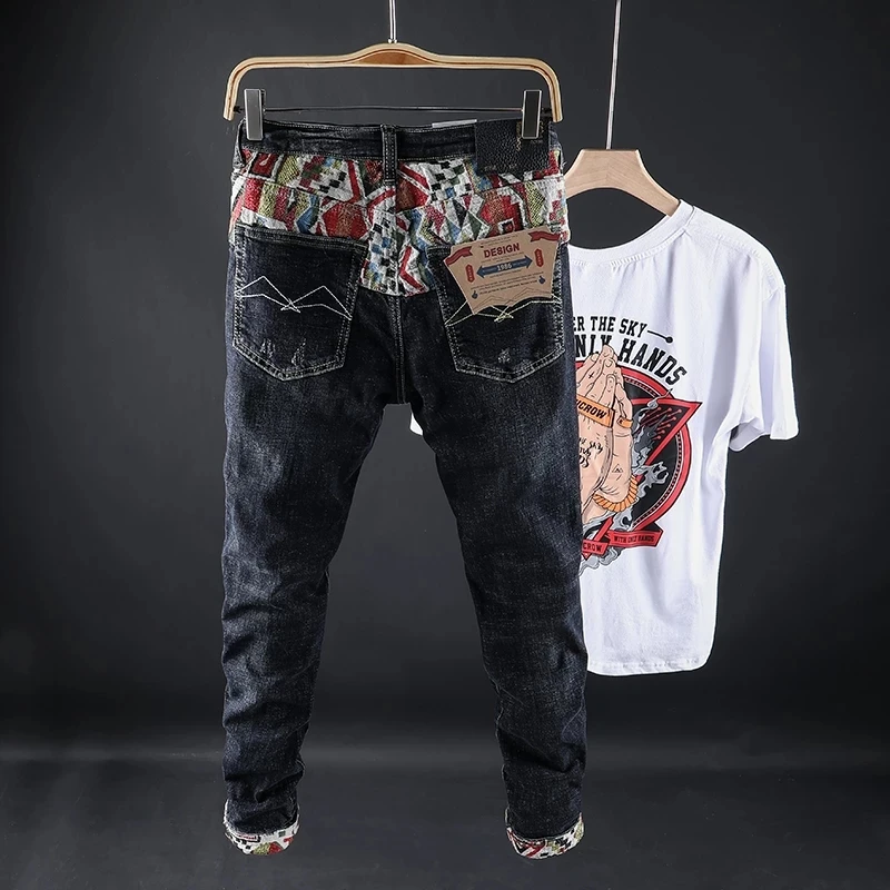 Street Fashion Men Jeans High Quality Elastic Embroidery Designer Slim Ripped Jeans Men Patchwork Trousers Vintage Pants Hombre
