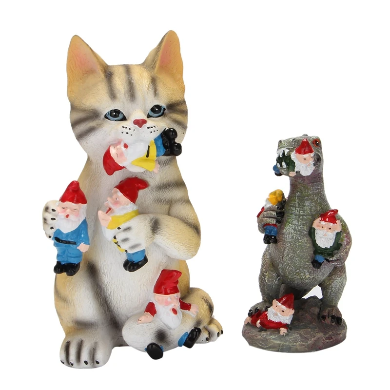 

Mischievous Cat Dinosaur Garden Eating Gnome Statue Resin Figurine Best Art Decor For Indoor Outdoor Home Office