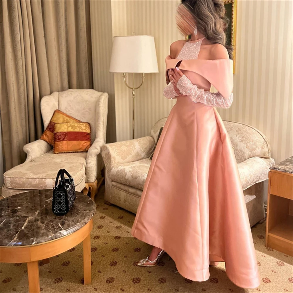 

Fashion Pink Halter A-Line Sequins Open Back Formal Occasion Prom Dresses Ankle-length Women Evening Party Dress فساتين السهرة