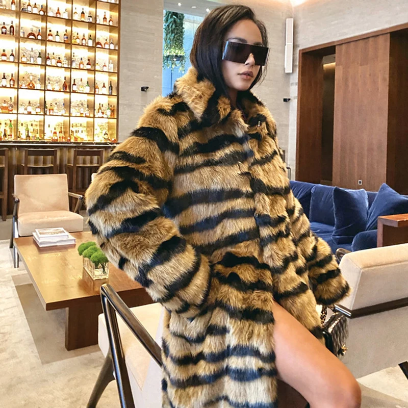 Tiger Printed Fur Overcoat Autumn Winter Thick Long Parka Warm Faux Fur Coat for Women Plush Coats Plus Size Female Outerwear