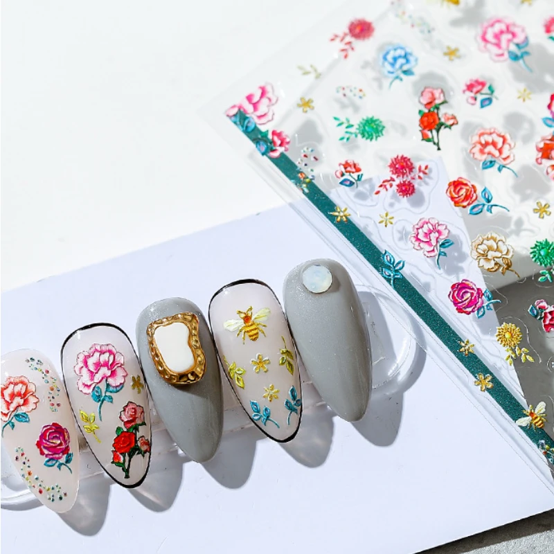 

Цветущие цветные цветы 5D, мягкие рельефные самоклеящиеся декоративные наклейки для ногтей, модные 3D наклейки для ногтей, оптовая продажа, П...