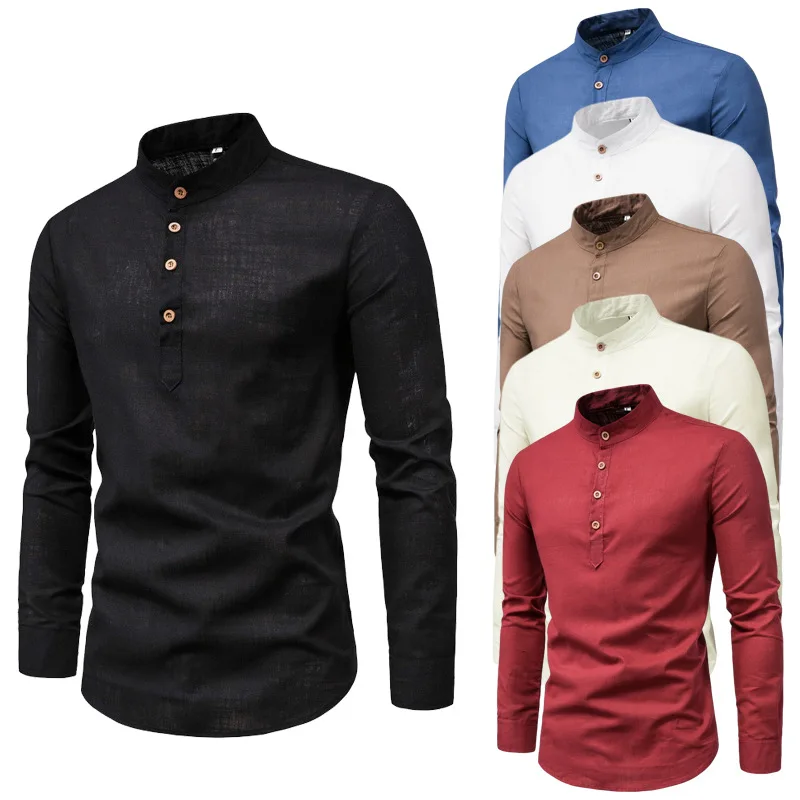 Fashion Slim Solid Color Long Sleeve Business Stand Collar Cotton Linen Half Open Men's Shirt