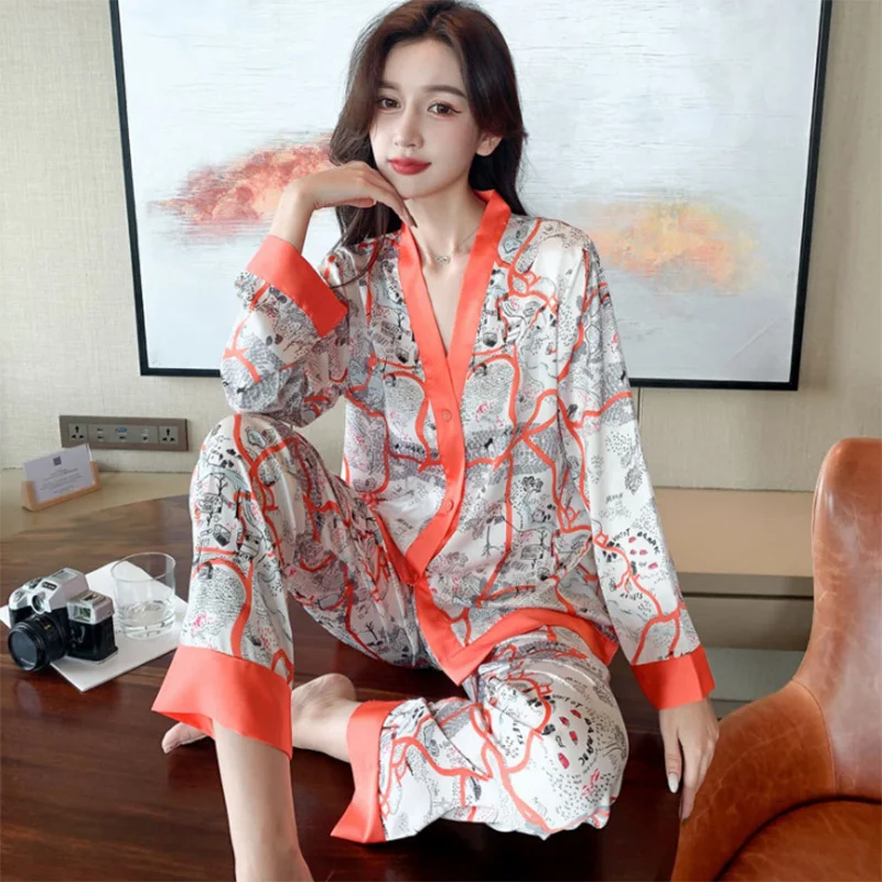 

Women's Pajamas Set Luxury Style V Neck Sexy Short Sleeve Sleepwear Silk Like Leisure Home Clothes Nightwear XL Femme