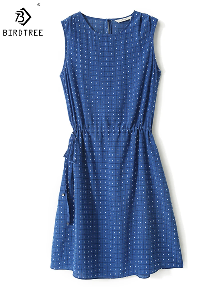 

Birdtree/100% шелковое платье без рукавов из шелка тутового дерева; Элегантное удобное дышащее приталенное платье средней длины с круглым вырезом и принтом; D30826QD