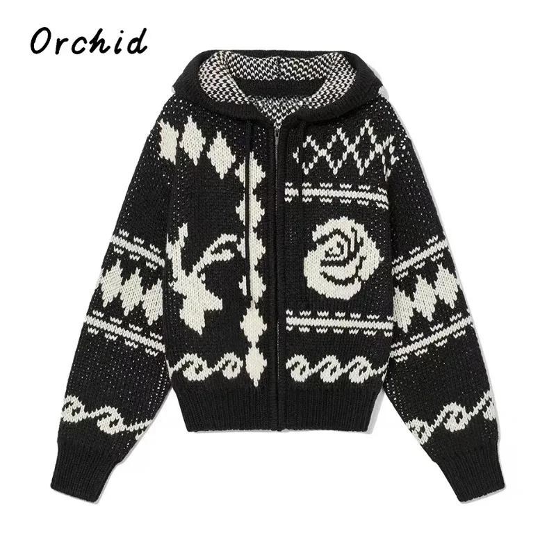 Женский свитер с капюшоном Goth Punk Черный винтажный трикотажный на молнии