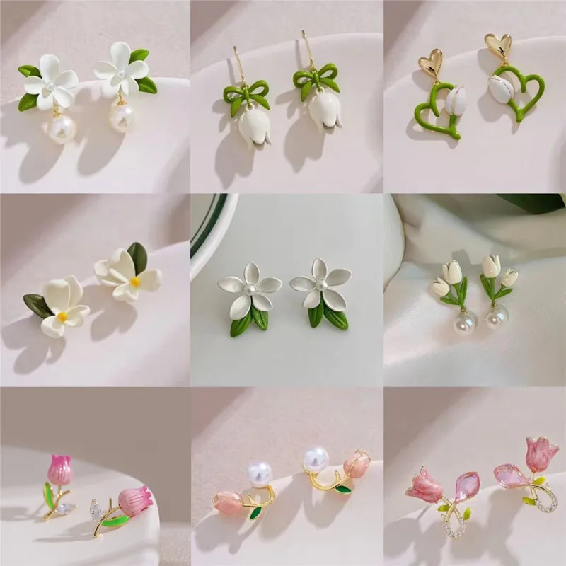 

Korean Tulip Gardenia Cherry blossom Flower Earring for Women Exquisite Fresh Flowers Earrings Fashion Summer Jewelry Girls