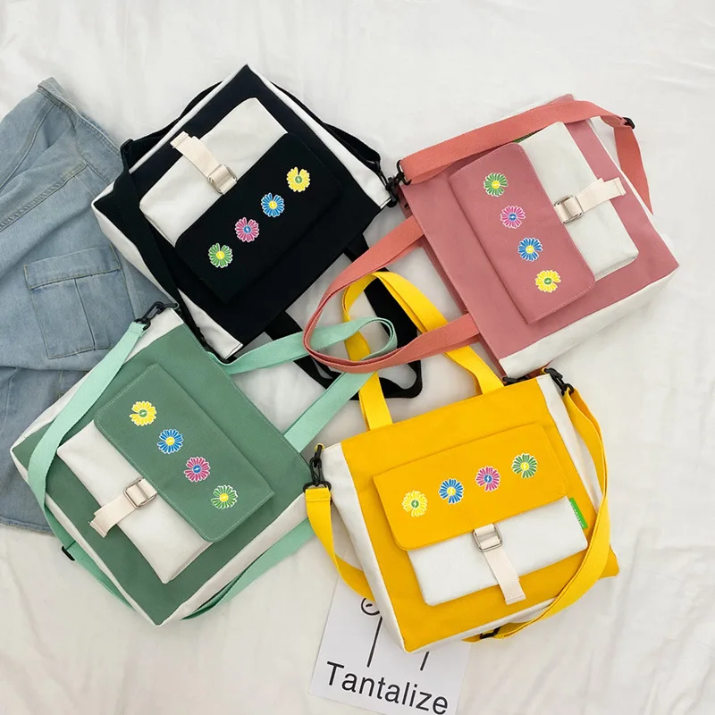 Girl Boy New Korean Style Bag Female Color Contrast Lovely Large Capacity Canvas Bags Student Printed Diagonal Bag