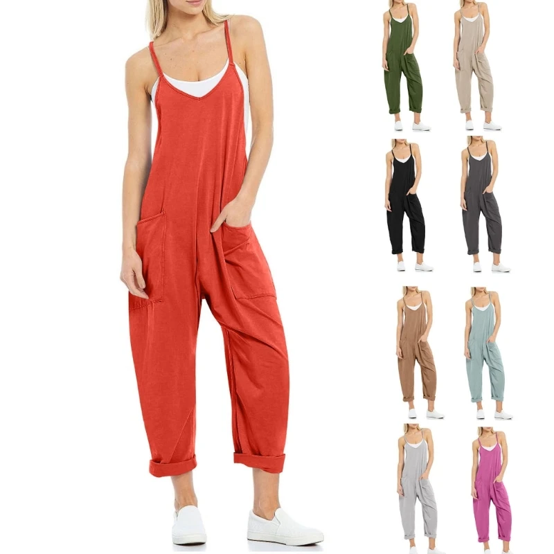 

Женские свободные комбинезоны-шаровары с v-образным вырезом без рукавов, мешковатые комбинезоны на тонких бретелях