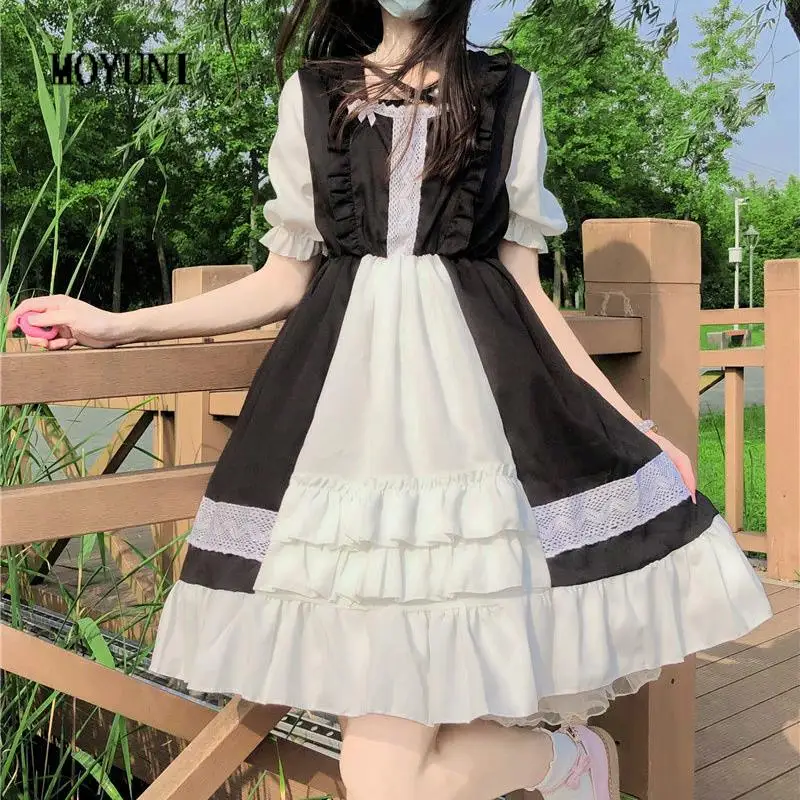 

MOYUNI Kawaii Lolita женское розовое кружевное лоскутное винтажное короткое платье японское милое с пышными рукавами Фея Готика