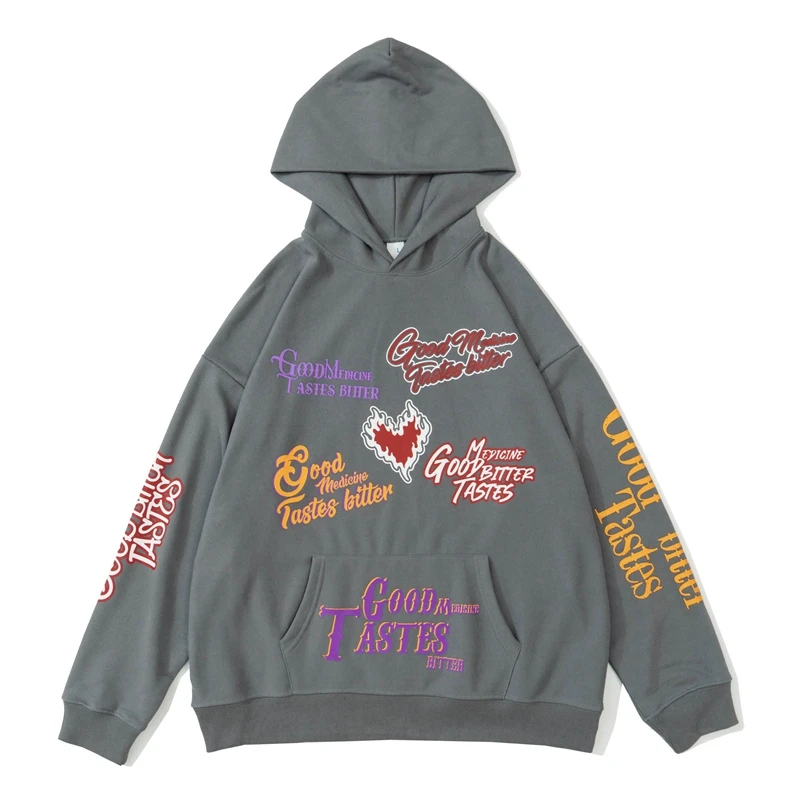 

Letter Love Pattern Print Graffiti Front Pocket Hooded Hoodie for Male and Female Retro High Street Loose Casual Sweatshirts