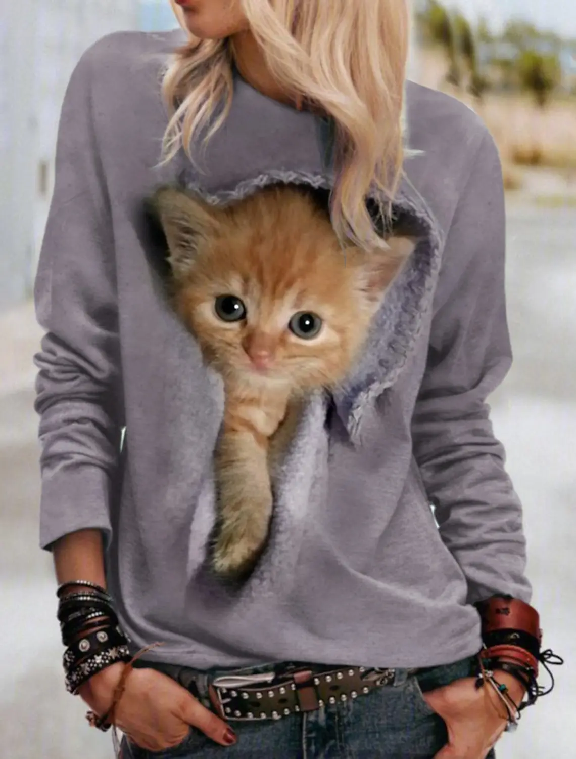 

Fashion Autumn Women's T shirts y2k Sweatshirt Kawaii Cat Graphics Pullover Print Long Sleeved O-Neck Regular Fit Painting Tops