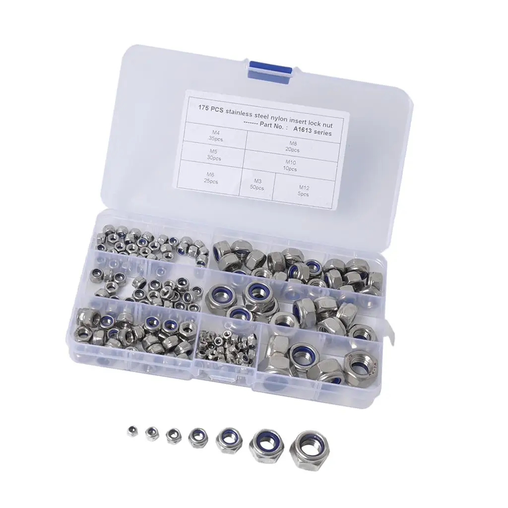 

304 Stainless Nut Assortment 175 Pcs, M3 M5 M6 10 M12 Self-locking Stop Nuts