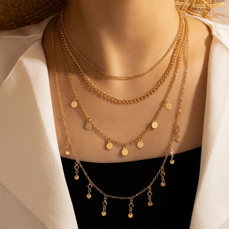 

New 2022 Metal Wafer 4-layer Necklace Geometric Chain Multi-layer Choker