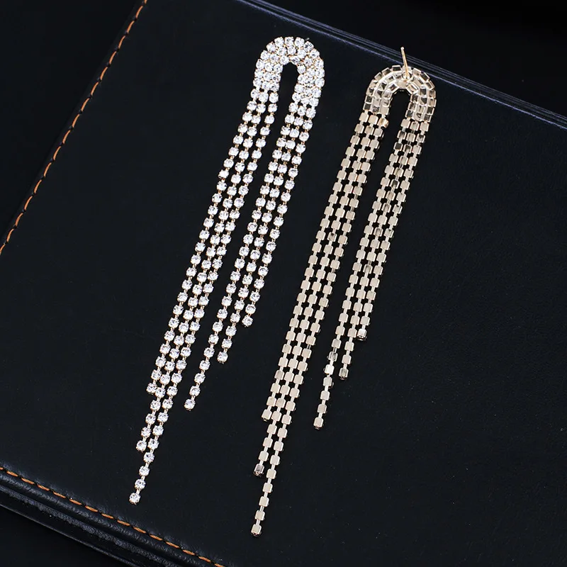 

New Fashion Rhinestone Long Tassel Multi Row Earrings Simple Fashion Temperament Ear Jewelry Jewelry Jewelry Wholesale