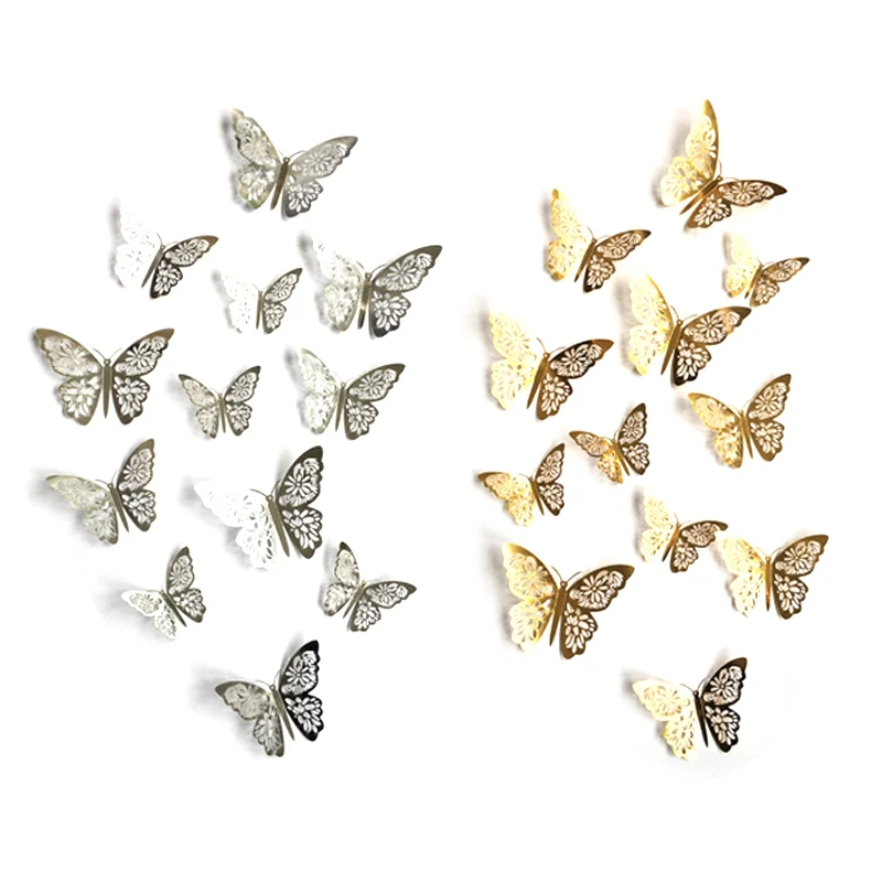 

24PCS 3D Hollow Three-Dimensional Paper Butterfly Wall Stickers Living Room Study Home Decoration (Gold + Silver)
