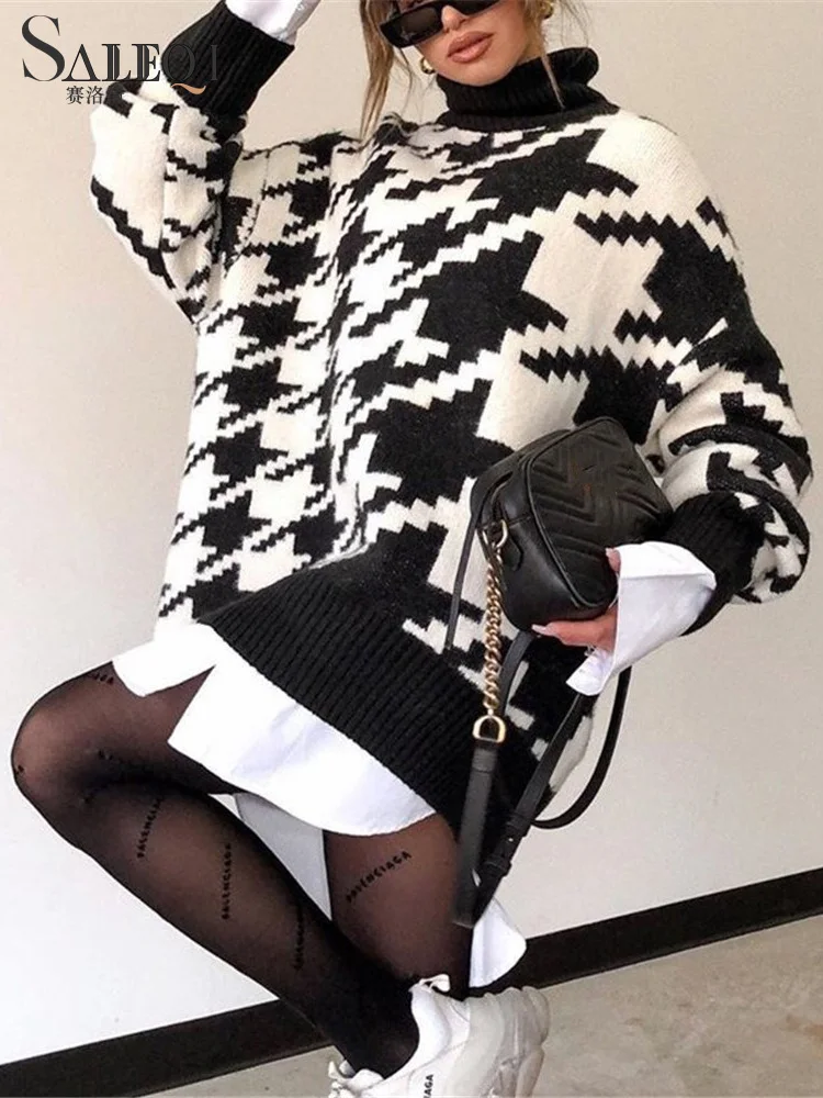 

Knitted Women Sweater Pullovers 2021 Autumn Winter New Geometric Houndstooth Knitted Sweater Ladies Oversize Retro Sweater