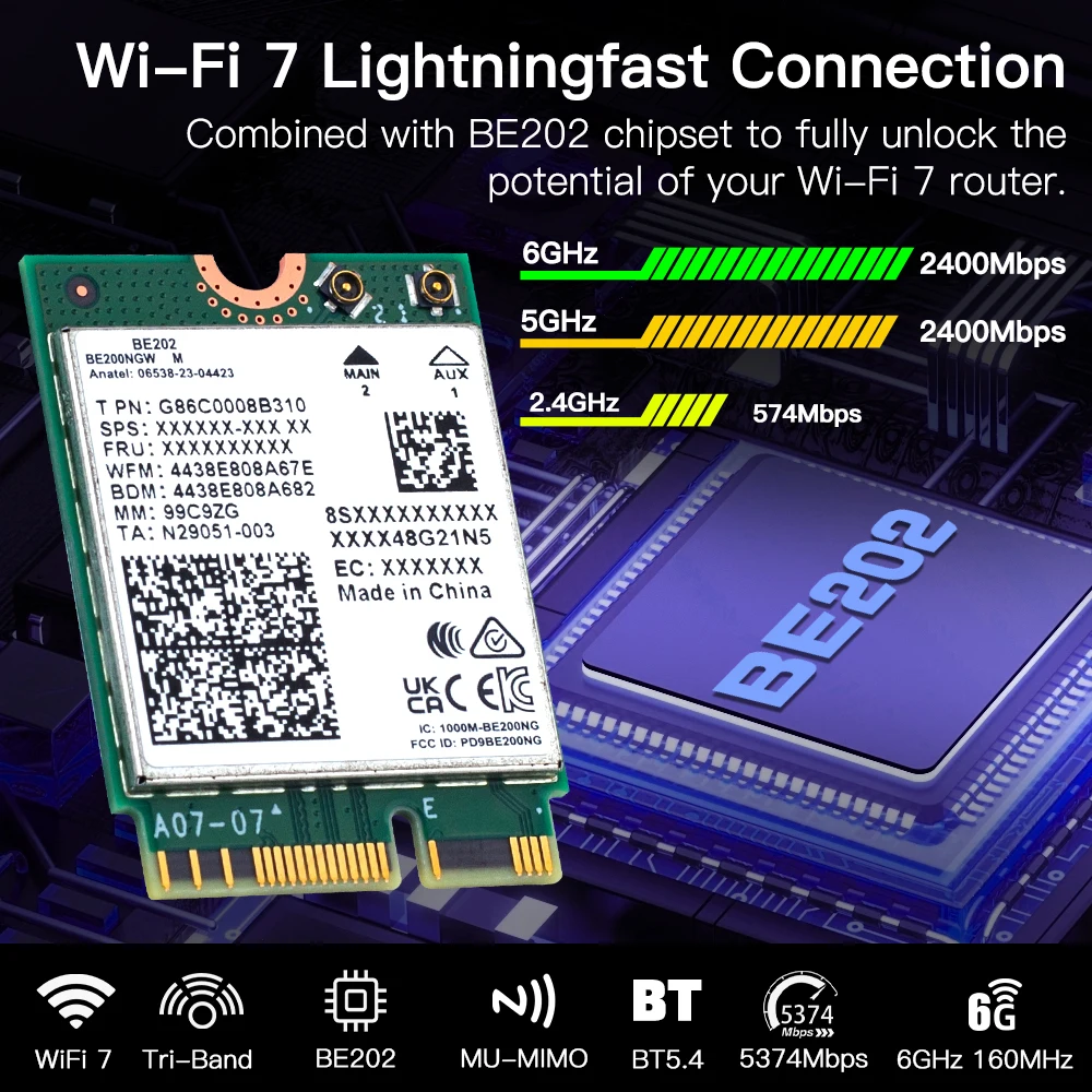 Сетевая карта WiFi7 BE202NGW 5374 Мбит/с Wi-Fi-адаптер Bluetooth 5 4 трехдиапазонный 2 4G/5G/6 ГГц BE202