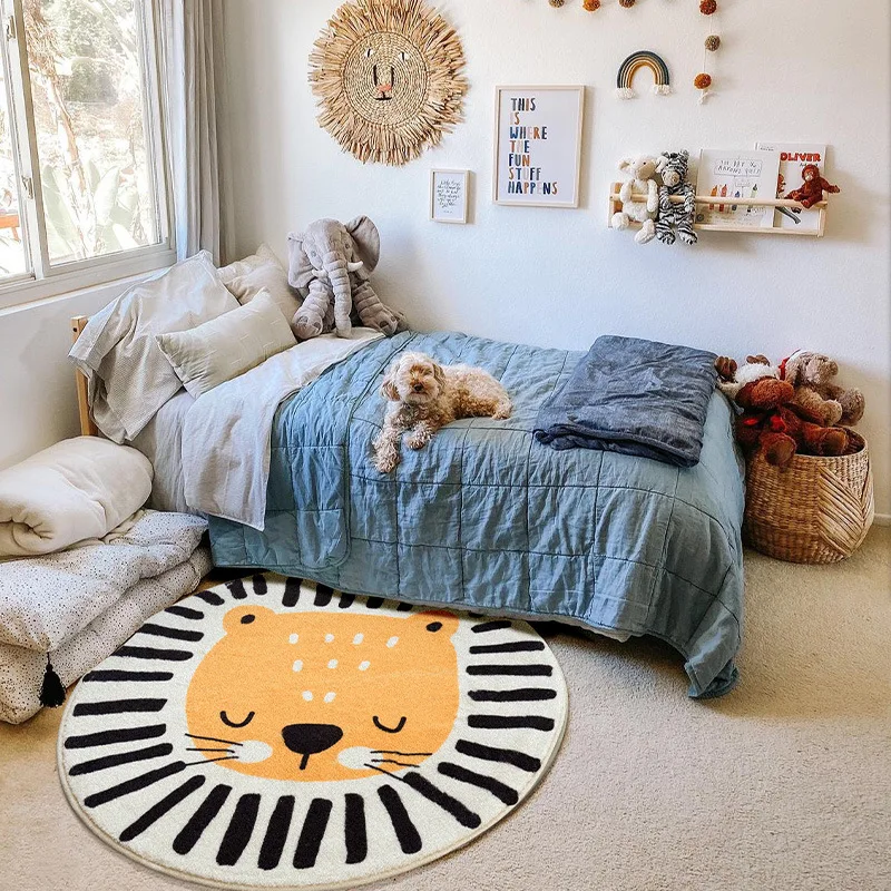 

Круглые коврики в скандинавском стиле, плотные коврики для детской комнаты с радужным львом для девочек и мальчиков, нескользящий коврик, п...