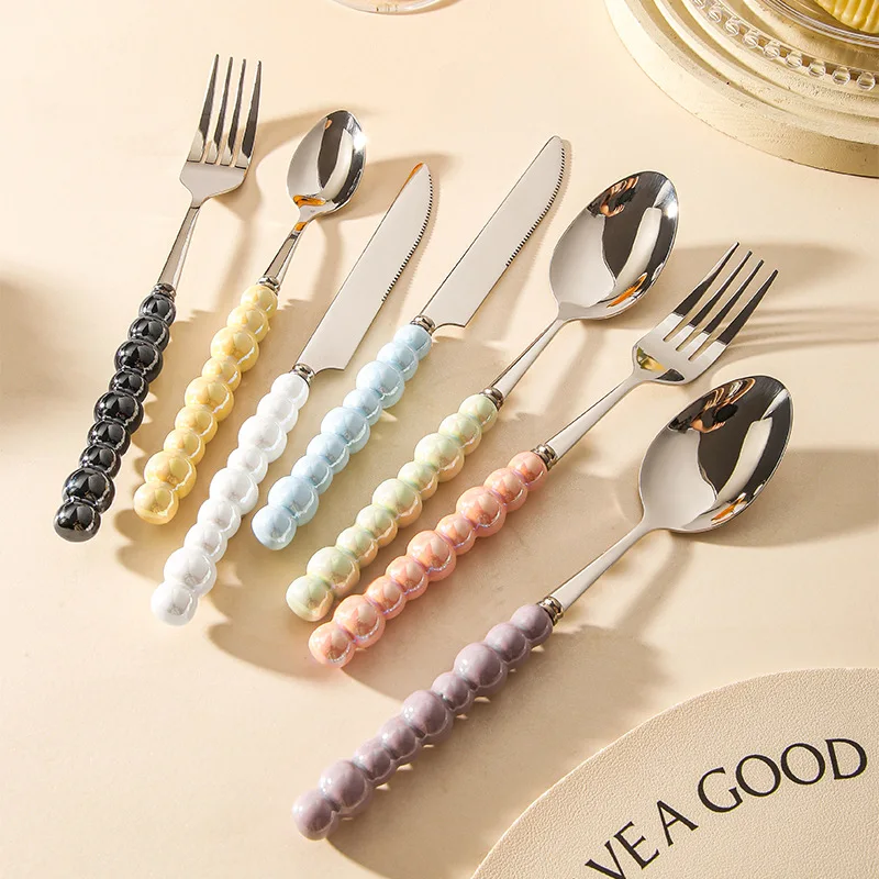 

Ceramic Pearl Handle Flatware Set Stainless Steel Cutlery Set Creativity Knife Spoon Fork Tableware Set Dinnerware Set