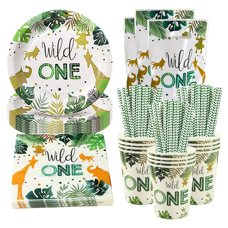 

Wild One 1st Birthday Forest Animal Tableware Jungle Safari Birthday Decoration Party Supplies Paper Plates Cup Napkins banne