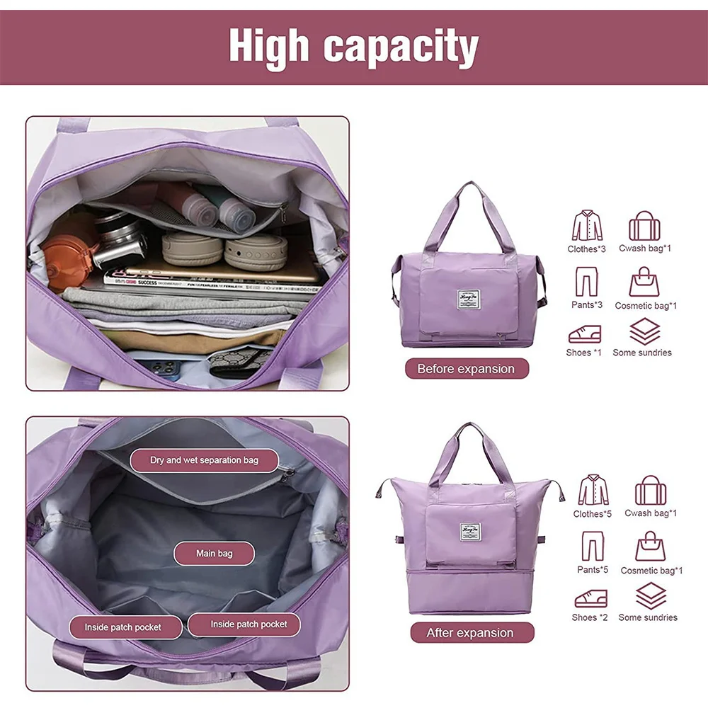 Women Shoulder Travel Bag Luggage Storage Handbags Training Gym Yoga Sport Large Capacity Collapsible Duffle Tote Organizer 2023