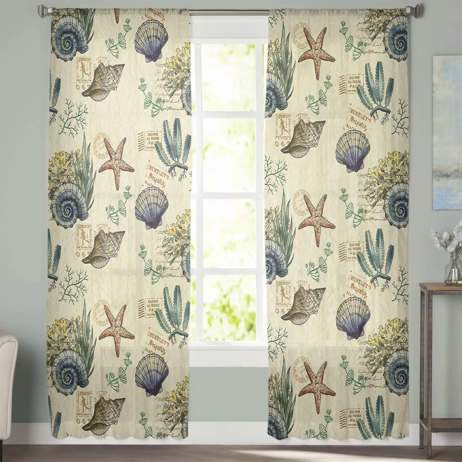 

Summer Conch Shell Starfish Tulle Curtains For Living Room Bedroom Decoration Luxury Voile Valance Sheer Curtains For Kitchen