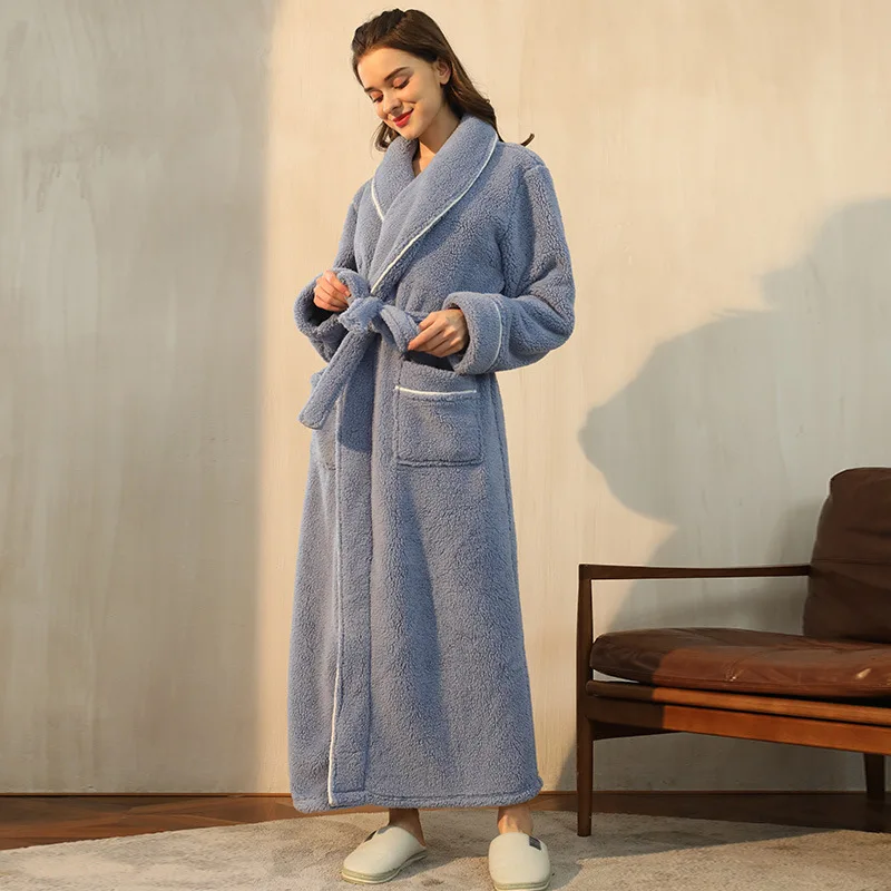 Autumn Winter Couple Bathrobe Fleece Turn Down Collar Warm Women's Dressing Gown Flannel Fluffy Long Bath Robe For Female