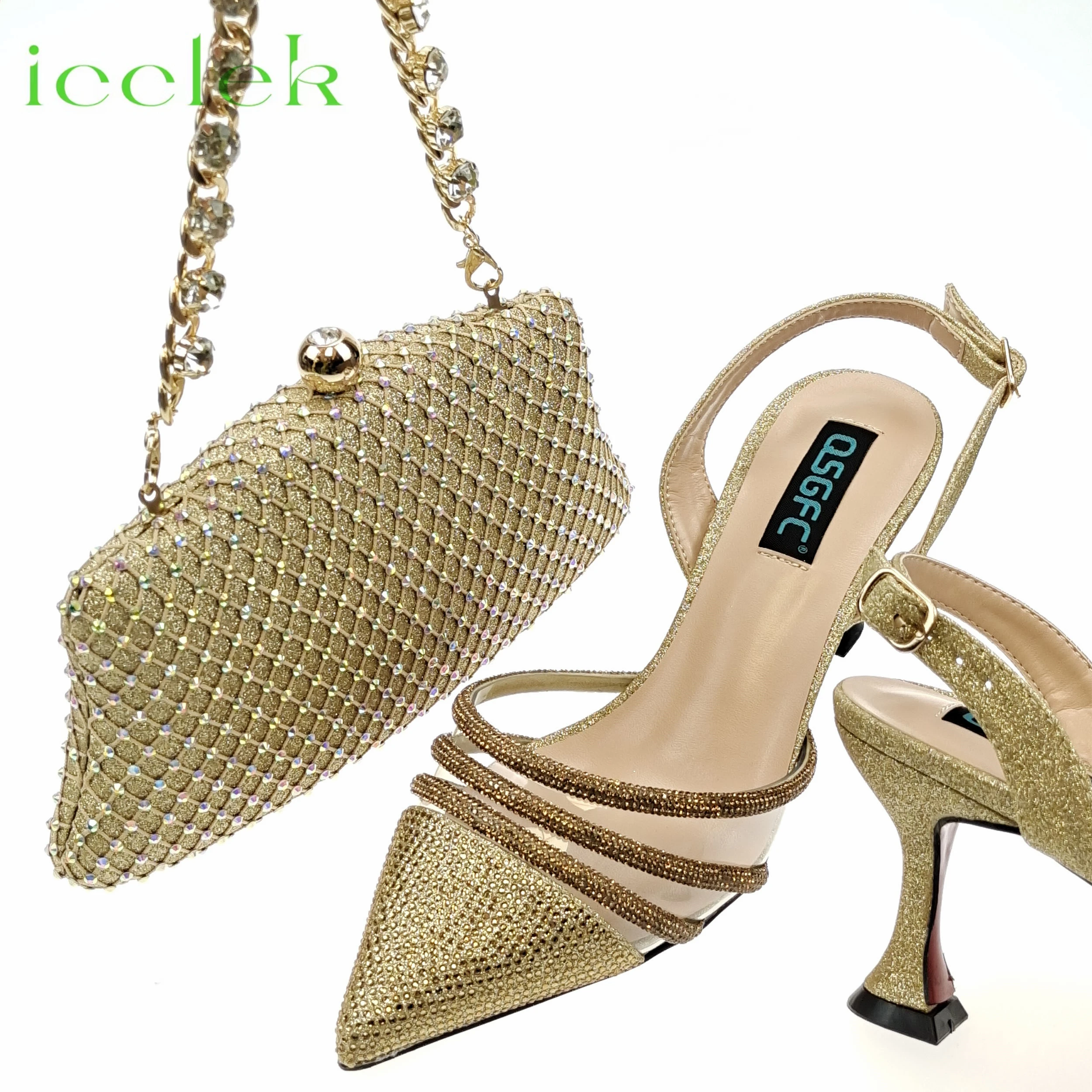 

Женские туфли на каблуке-шпильке, комплект из туфель и сумочки золотого цвета с острым носком, для американской свадебной вечеринки, 2023