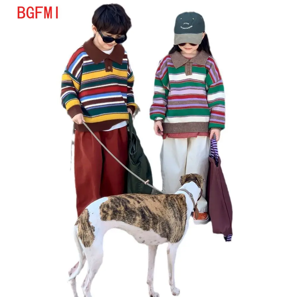 

Kid Sweater 2023 Autumn Boys Girls Korean Edition Polo Neck Stripe Knitted Top Children's Knitted Rainbow Coat Knit Sweater