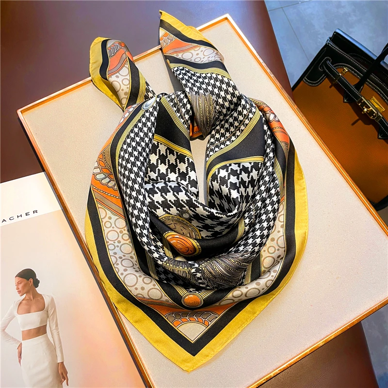 Luxury Silk Satin Square Scarf Women 70cm Print Houndstooth Neck Tie Female Hair Hand Weist Bandana Headkerchief Shawl Hijab |