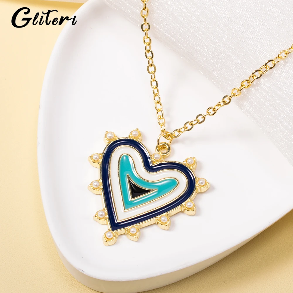 

GEITERI INS Style Heart Pearl Pendant Necklaces For Women Girls Love Drip Oil Gold Color Chain Choker Trendy Jewelry Party Gifts