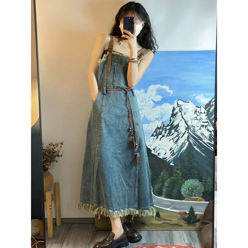 

Vintage Washed Denim Strap Dress for Women Summer New Retro High Waist Tassels Spicy Girl Mid Length Side Split Vest Dresses