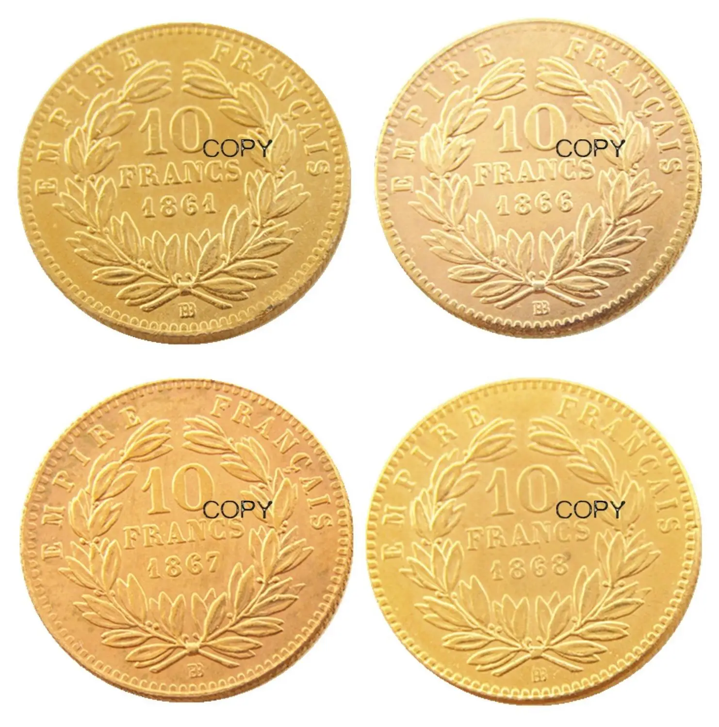 1861-1868B 4 шт. Франция 10 Франк позолоченная КОПИЯ монета 1861-1868B 4 шт. Франция 10 Франк позолоченная КОПИЯ монета