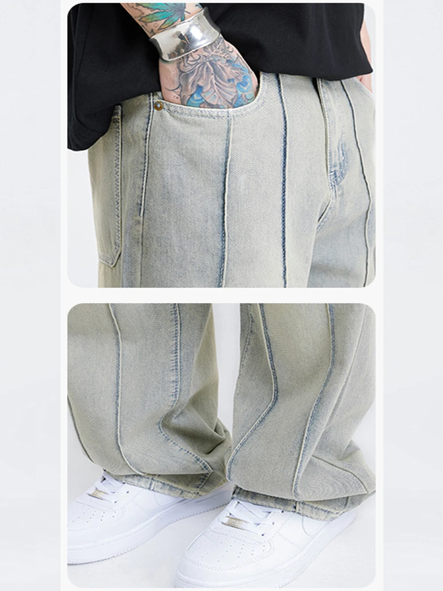 Four Seasons Men's Jeans American High Street Yellowing Ins Loose Stitching Wide Leg Pants Fashion Streetwear Ins Hot Sale JEANS