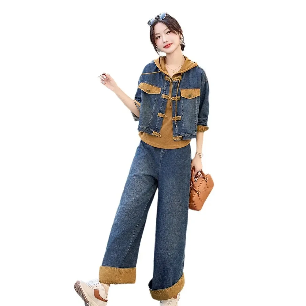 Осенняя новая модная повседневная толстовка с капюшоном джинсовая куртка