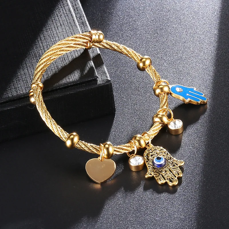 

Stainless Steel Turkish Lucky Fatima Hand Evil Eye Heart Adjustable Bracelets For Women Religious Jewelry
