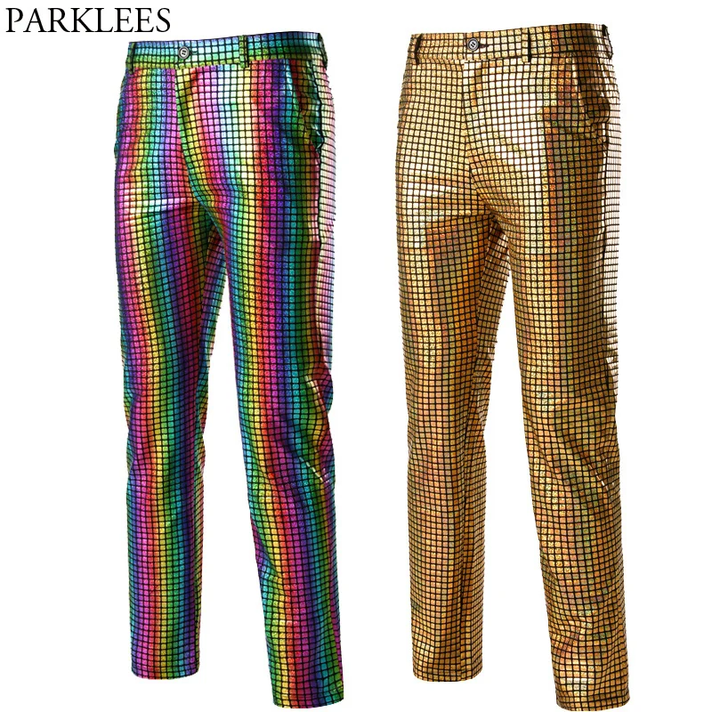 

Rainbow Plaid Sequin Glitter Pants Men 70s Disco Party Dancer Singer Trousers Mens Nightclub DJ Stage Prom Pantalones Hombre 3XL