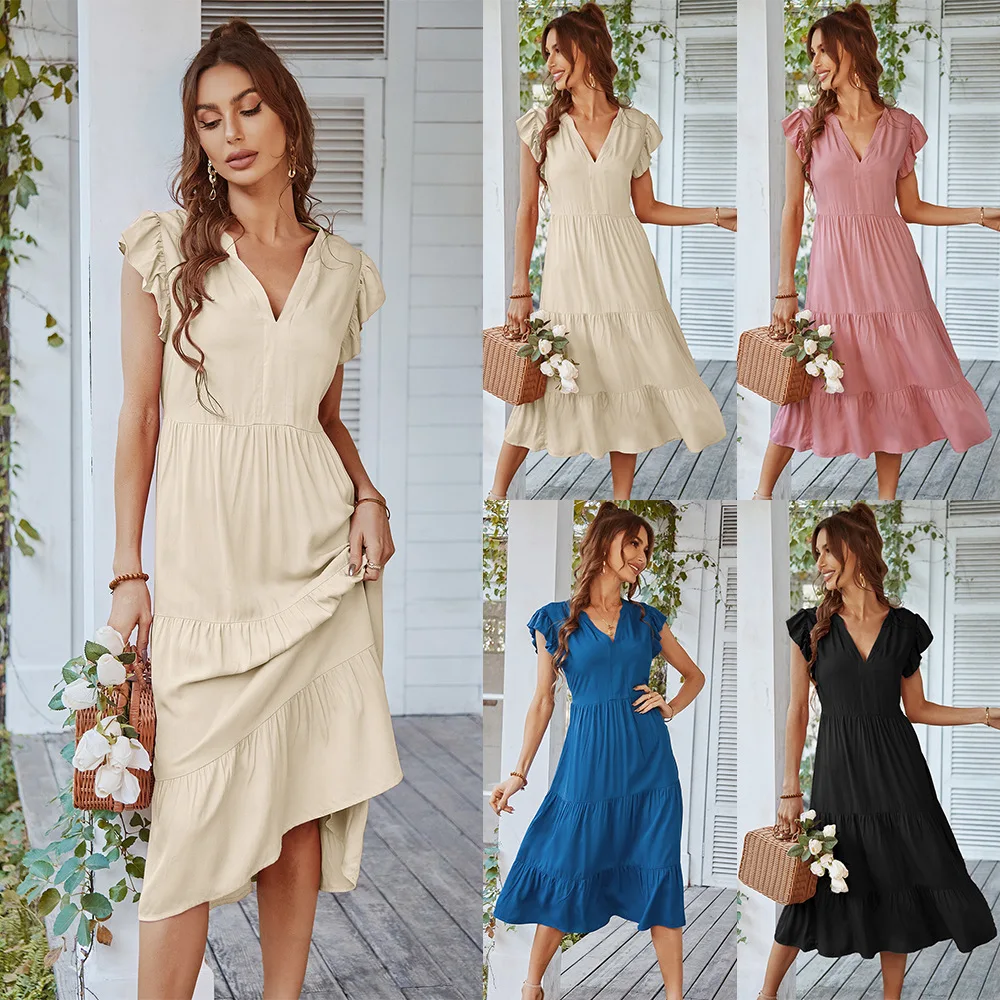 

Women's Dresses Summer Long Loose Solid Reffuled Short-Sleeves Hem Light Robe