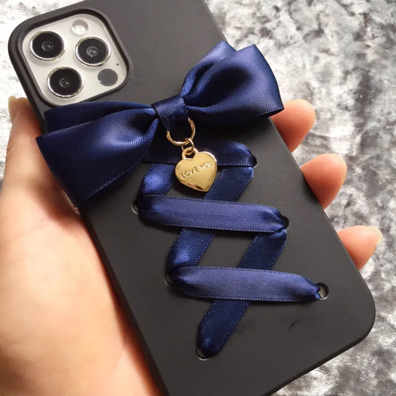 Фото Чехол для телефона Harajuku Y2k Lolita Girl с 3D лентой и бантом для iPhone 16, 15 Pro Max X XS XR Galaxy, черный глянцевый мягкий чехол №5