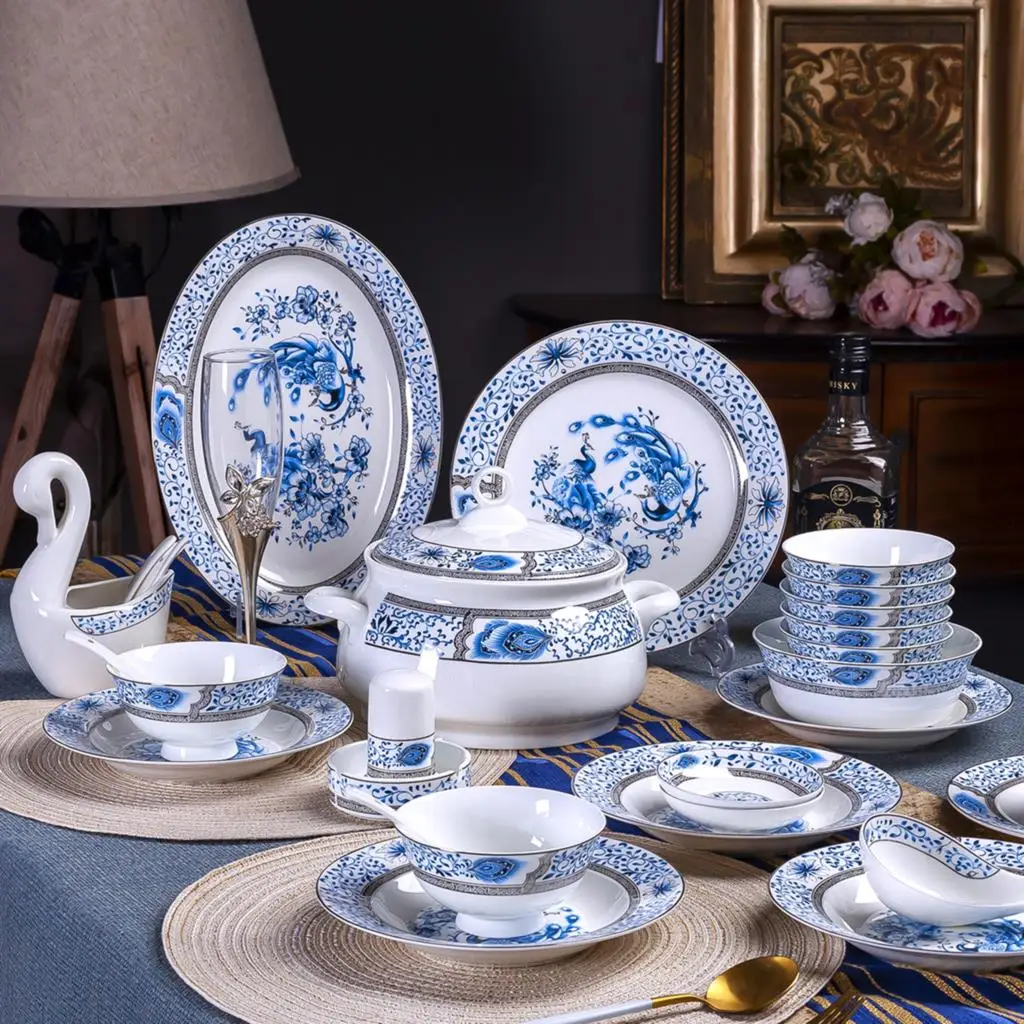 

Bowl and dish dining combination European bone china tableware bowl and chopsticks set Chinese ceramic bowl and plate