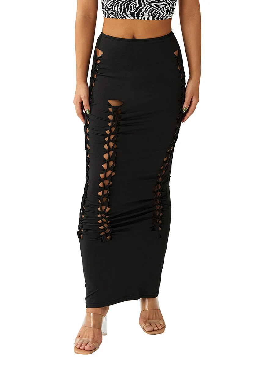 

Women s High Waist Long Maxi Skirts Bandage Side Hollow Out Bodycon Elastic Ruched Pencil Skirt Party Clubwear